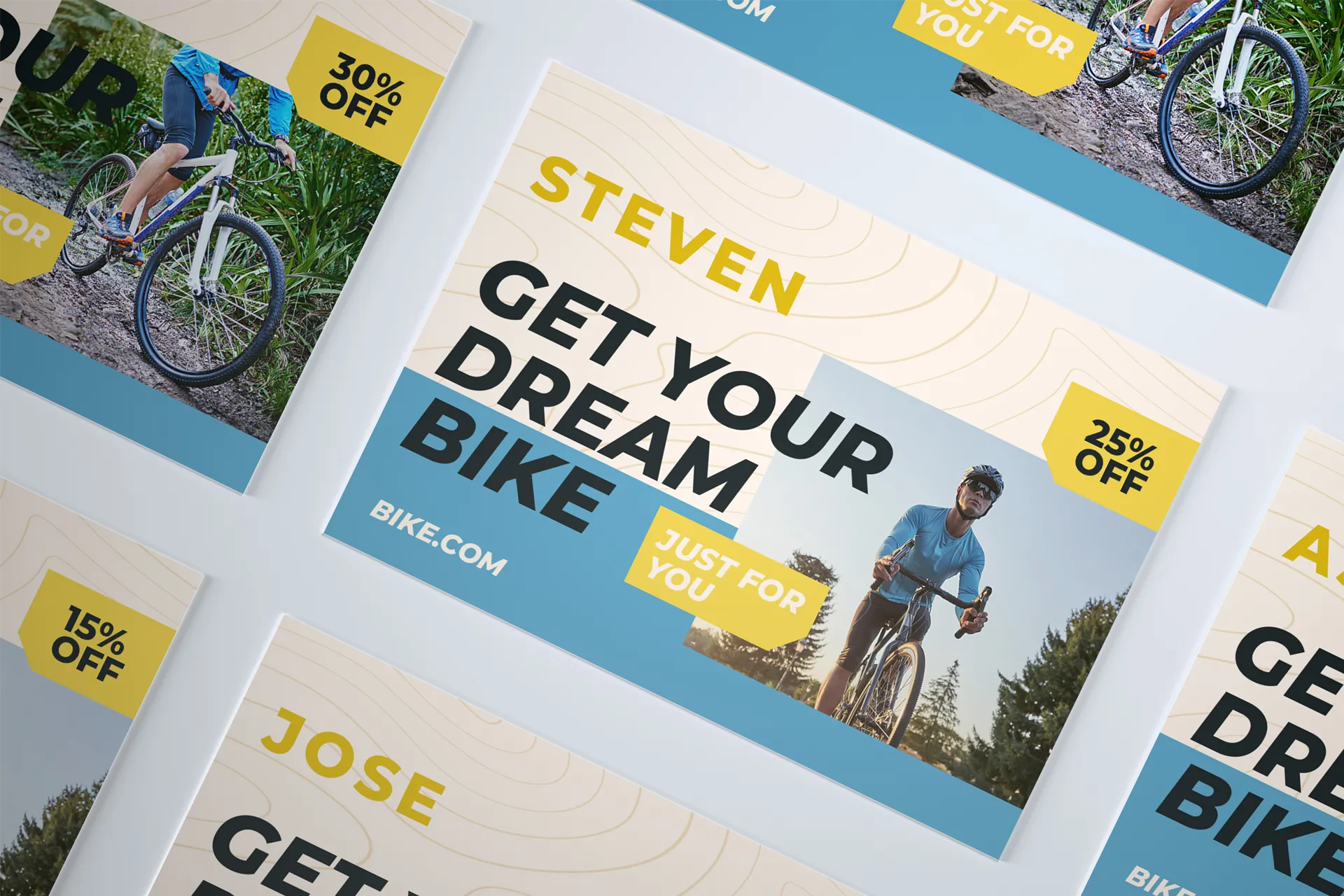 An array of postcards advertising a bike sale. Each postcard has a unique name and percent discount.